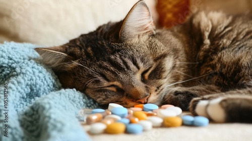 A sick cat resting beside medications for cold flu or viral infections