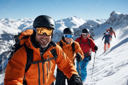 A group of skiers in bright orange jackets hike up a snowy mountain, holding skis and smiling as they enjoy an exhilarating day in the alpine landscape.