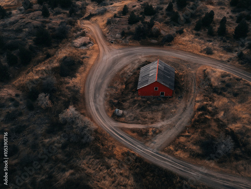 Aerial view of countryside barn with faded red exterior