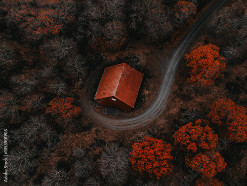 Aerial view of countryside barn with faded red exterior