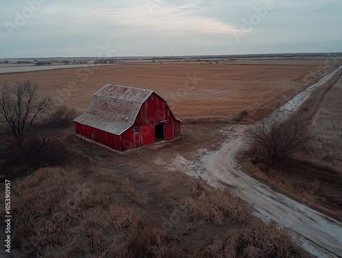 Aerial view of countryside barn with faded red exterior