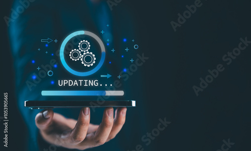 Operating system upgrade concept, installation app and software update process, modernize user equipment, update modern functions, developer released new version Improved security. User is downloading