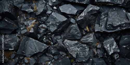 A close-up view of a rocky outcrop, with jagged edges and a dark, charcoal-grey color. The rock is weathered and worn, showcasing a natural, rugged texture.