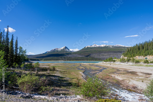 Nature scenery from upper Medicine Lake in June summer day. Jasper National Park, Alberta, Canada. Canadian Rockies.