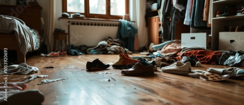 A disordered bedroom reveals a chaos of shoes and clothes, capturing a candid moment of everyday life and youthful spontaneity.