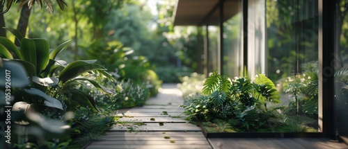 A modern home's glass-walled corridor overlooks a lush garden, merging architecture with nature to create a serene, harmonious living space.