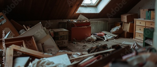 A dim attic littered with scattered belongings, evoking the melancholy of forgotten history and once cherished memories lying dormant.