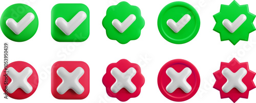 Vector 3d checkmarks icon set. Round, square, wavy, starburst yes tick and no cross buttons on white. Check mark and X symbol in green and red shape realistic 3d render. Right and wrong sign set.