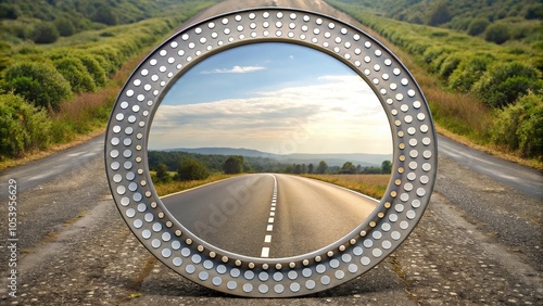 Round perturbing road mirror in a doted frame Point of View