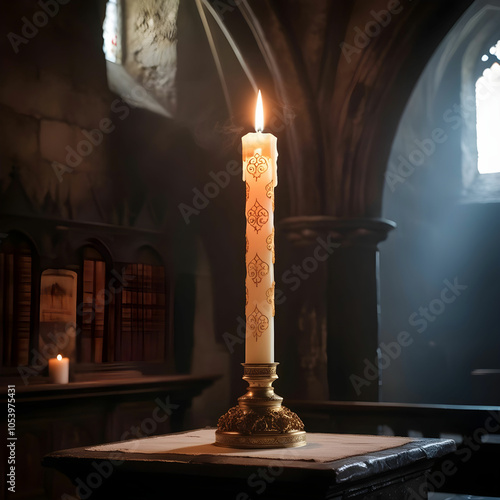 A single ornate church candle stands upright