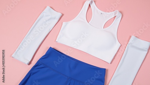 Flat lay White sports bra blue shorts arm warmers on pink backdrop