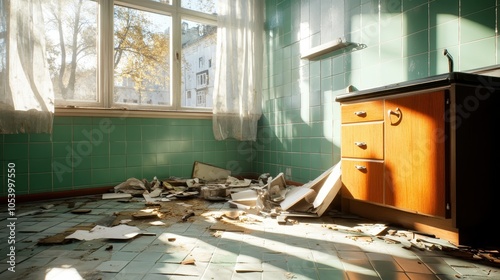 This empty kitchen shows remnants of past use strewn across the floor. Sunlight streams through the window, casting shadows and revealing the room's neglect.