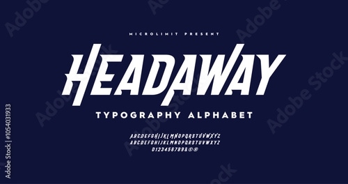 Head Away: A modern, italic sport font with an urban style. Ideal for tech, digital, movie, and logo design, featuring a complete alphabet collection.