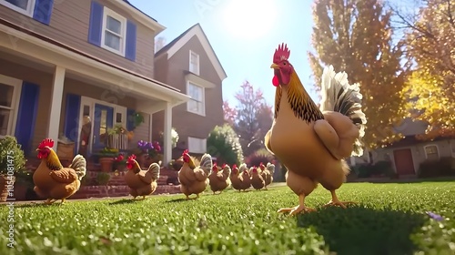 Chickens on Parade: A procession of free-range chickens marches across the yard. Feathers ruffle, and their clucking forms a rhythmic soundtrack. The rooster leads, chest puffed out. 