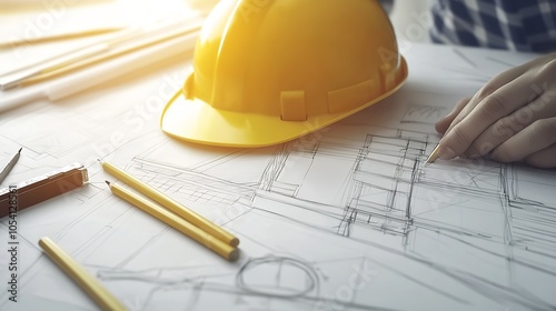 Yellow Construction Hard Hat on Technical Engineering Desk With Blueprints and Drafting Tools : Generative AI