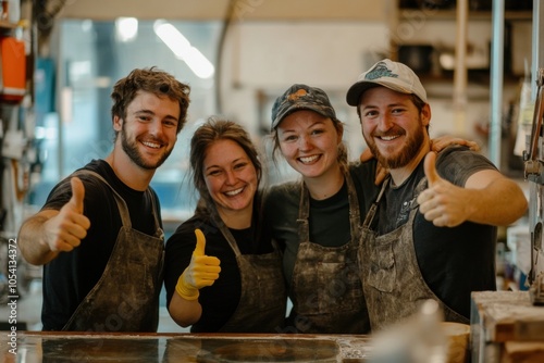 Glassmakers showing thumbs up in workshop