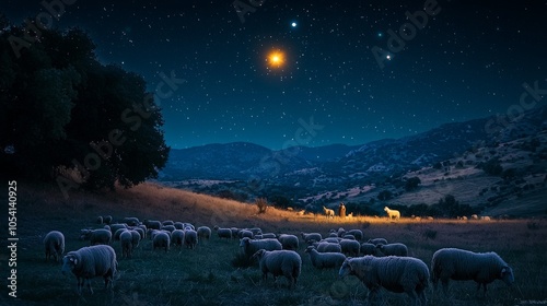 Shepherds with sheep under starry night sky