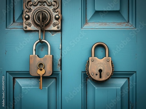 Skeleton key hanging on a teal blue wood door, security, rustic