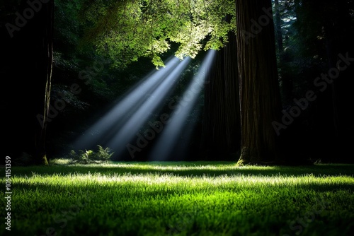 An ancient forest with towering redwoods, sunlight streaming through the branches, capturing the sense of wonder and sacredness pantheists feel toward natureâ€™s majesty, symbolizing respect and