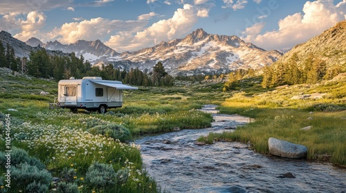 Mountain Serenity: Ultra-Detailed Photography of a Pop-Up Camper at Mammoth Lakes, Surrounded by Sierra Nevada Peaks, Wildflowers, and Pristine Wilderness at Golden Hour.