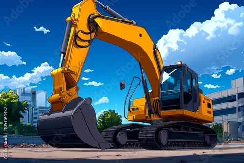 a 2D cartoon illustration of a yellow excavator on a construction site strong and reliable white background