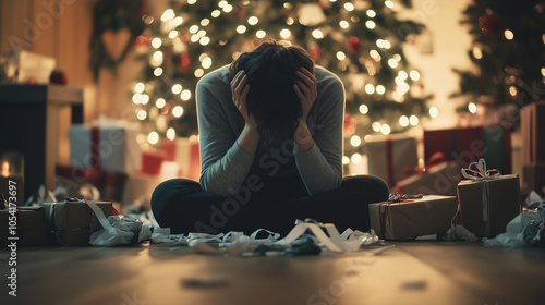 Person Sitting Alone with Head in Hands Amid Christmas Gifts, Struggling with Holiday Depression and Loneliness, Image made using Generative AI