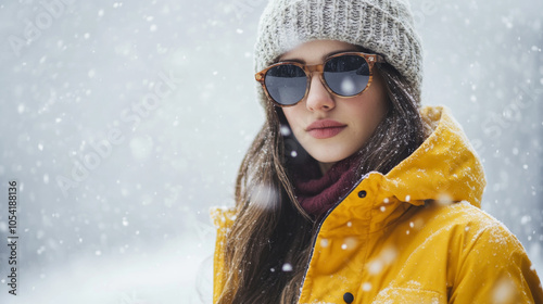 Portrait of a woman in sunglasses against the background of snowy mountains. Winter holidays and vacations concept