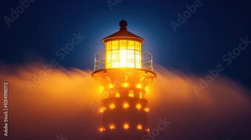 Solitary lighthouse keeper maintaining the beacon on a foggy evening by the shore