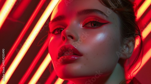 Model with bold eyeliner and clear skin under bright lights