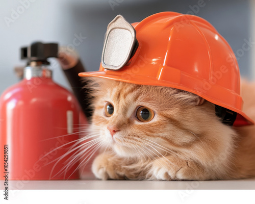 A cute cat wearing an orange helmet with a light, resting next to a fire extinguisher, showcasing a playful and humorous take on safety themes.