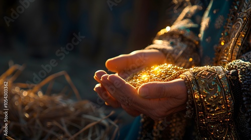 Close-up of the gifts: gold, frankincense, and myrrh in the hands of the wise men, glowing softly in the light of the manger