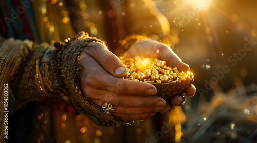 Detailed close-up of the gifts held by the magi: gold, frankincense, and myrrh glowing softly in the manger's light