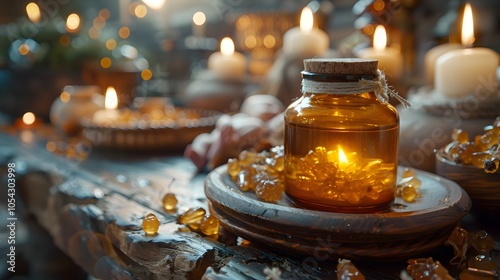 Focus on the gifts of gold, frankincense, and myrrh with baby Jesus softly lit in the background, rich textures