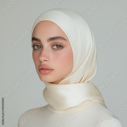 luxury natural glam dubai emeriti arab hijabi muslim women model plain background makeup beautiful fresh white silk satin scarf