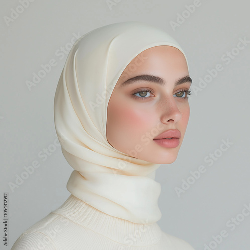 luxury natural glam dubai emeriti arab hijabi muslim women model plain background makeup beautiful fresh white silk satin scarf modest