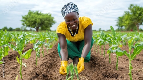 A joyful female farmer works diligently in a green field, nurturing her crops with care and passion, embodying agricultural vitality.