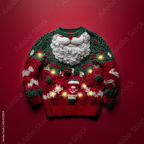 Ugly christmas sweater with lights, isolated on red background.santa, ugliest xmas sweater ever made. Tacky sweater with santa beard