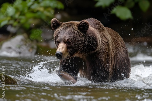 Brown bear catching fish in river