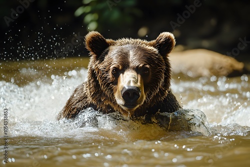 Brown bear catching fish in river