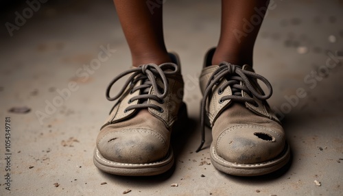 Worn-out shoes on child's feet with holes and dirt