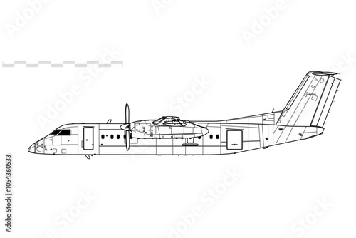 De Havilland Canada Dash 8, DHC-8-300. Vector drawing of turboprop regional airliner. Side view. Image for illustration and infographics.