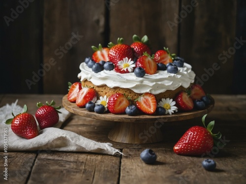 Delicious Strawberry Cake with Whipped Cream and Fresh Berries