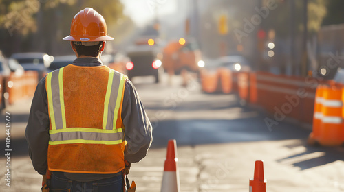 Construction worker directing traffic around a roadwork zone, ensuring safety, road construction, traffic control