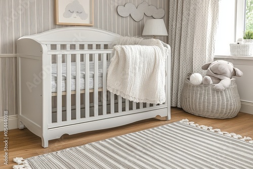 Elegant monochrome nursery room with classic furnishings radiating calm anticipation and serene simplicity in a minimalist baby preparation setup