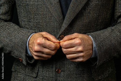 A man in a dark suit sits quietly with hands clasped on a black table in a dimly lit room