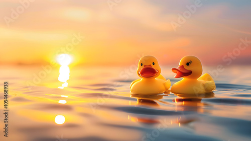 rubber duckies floating on water at sunset, tranquil scene. childlike and playful concept highlighted by white, png