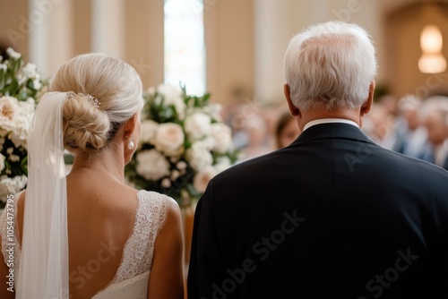 The bride and her elderly father stand ready for their processional moment, exemplifying love, family, guidance, and the cherished traditions of a wedding day ceremony.