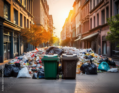 Overflowing garbage bins in city streets highlighting waste issues