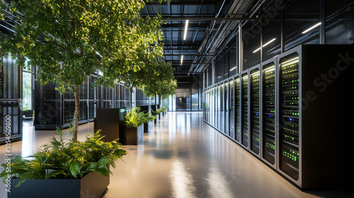 A data center with racks of energy-efficient servers, surrounded by indoor trees and plants, creating a serene and sustainable environment that reflects the future of green technol