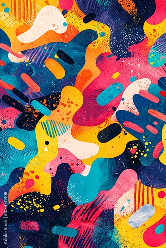 Bold and colorful maximalist cluttercore abstract illustration featuring rich hues